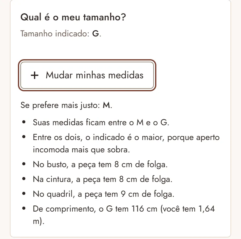Cartão Qual é o meu tamanho, com tamanho indicado G, a opção M para quem prefere mais justo e a folga da peça no busto, na cintura e no quadril.