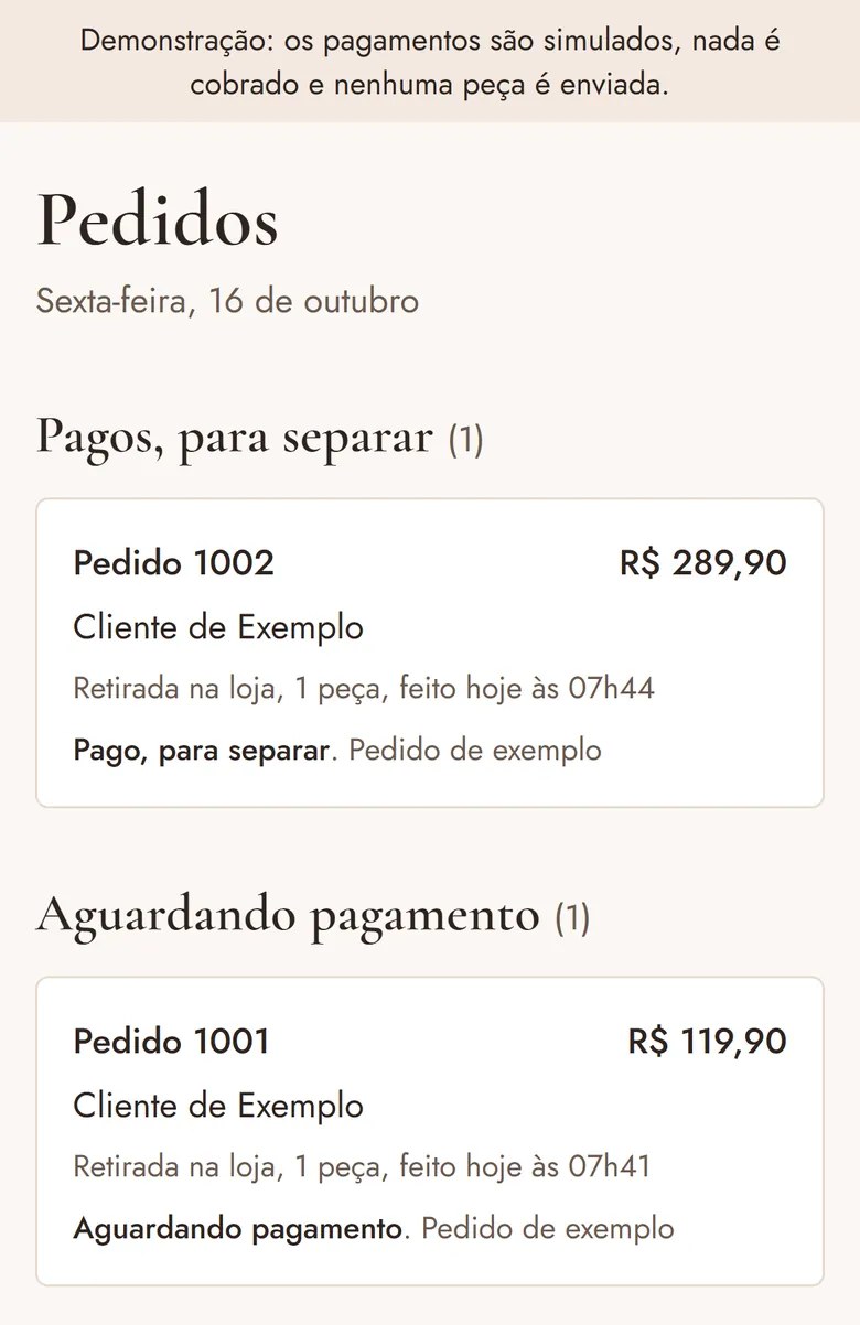 Painel da loja no celular: pedidos pagos para separar e pedidos aguardando pagamento.